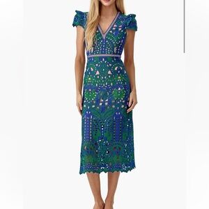 Adelyn Rae Lace Midi Dress, Blue Emerald NL, size M, EUC